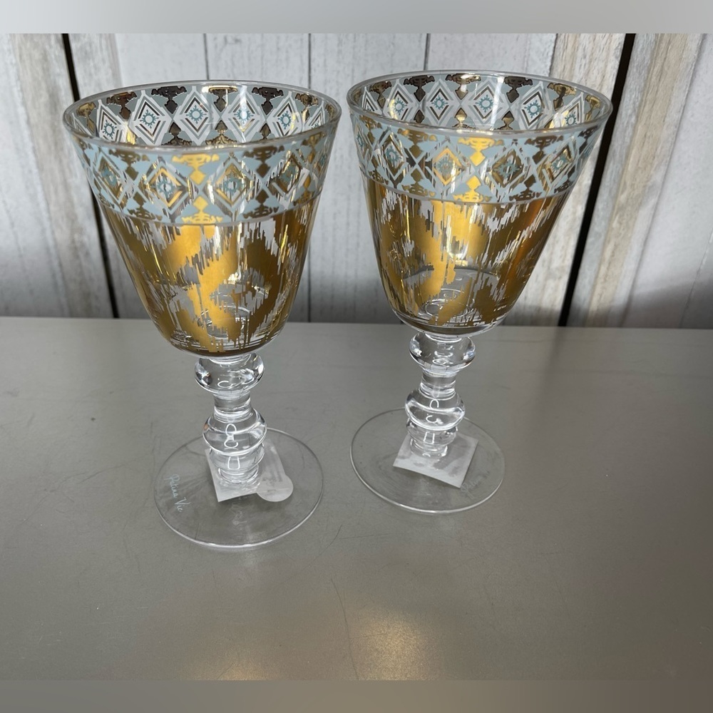 Zrike Patina Vie Mint Goblets Glasses Gold Ikat Mint Print Glasses Set Of 2
